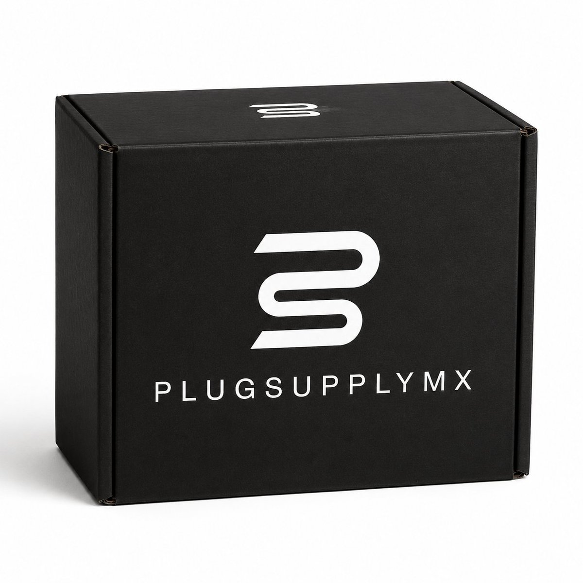 Black cardboard box with PlugSupplyMX logo and stylized S symbol