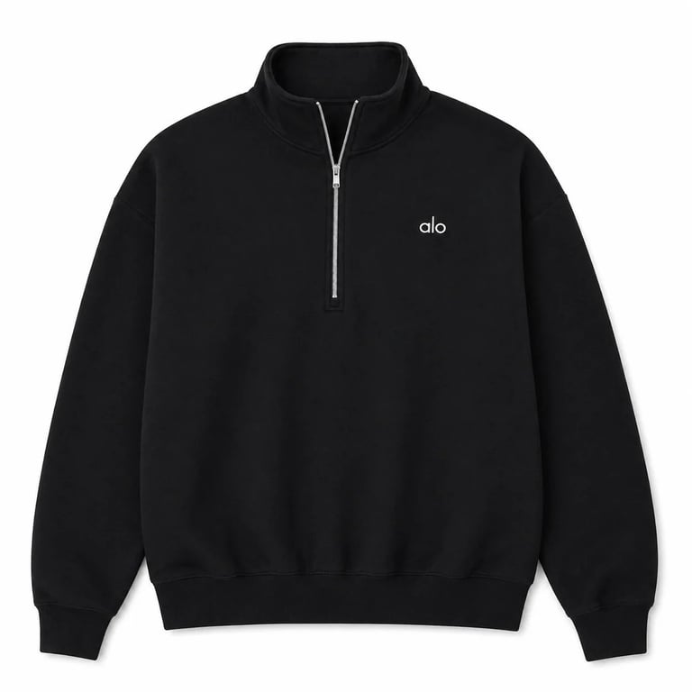 Black half-zip sweatshirt with alo logo on chest