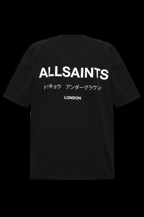 Black ALLSAINTS t-shirt with white text featuring brand name, Japanese characters, and London location