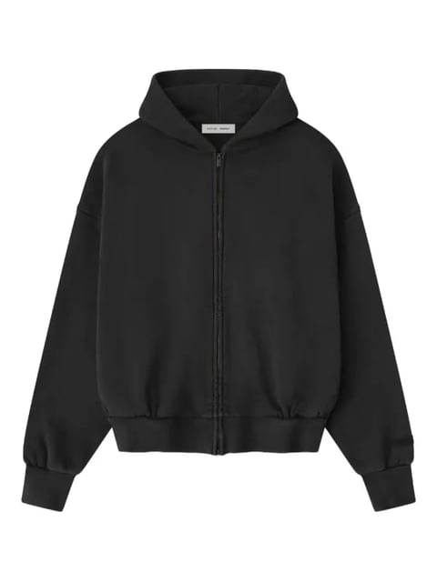 Black zip-up hoodie sweatshirt with drawstring hood and ribbed cuffs on white background